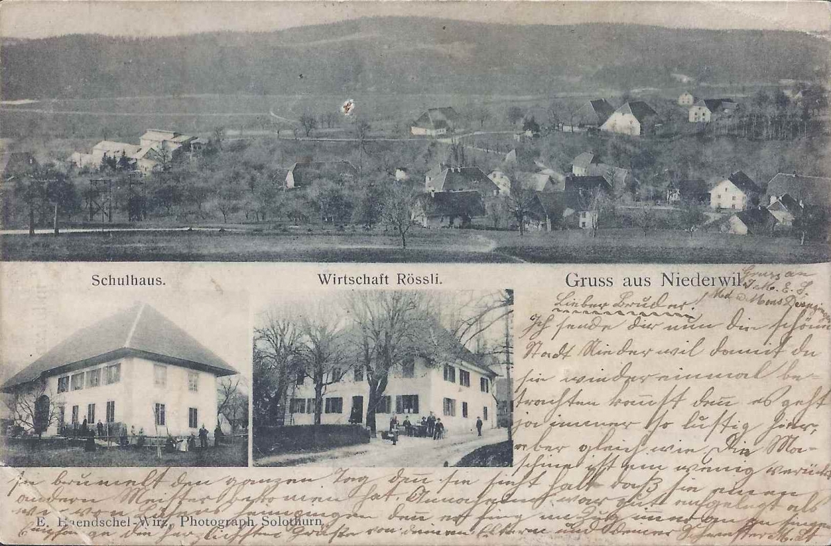 <p>Totalansicht , Schulhaus , Wirtschaft Rössli , mit Balken Stempel Niederwil (Solothurn) 6.12.1904 , Kartezustand siehe Scan , </p>